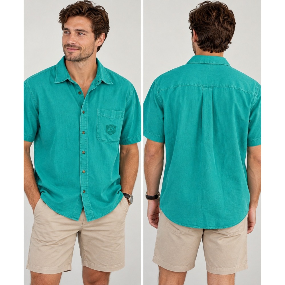 Bugle Boy Shirt Mens L Teal Vintage 90s Dadcore Cotton Twill Short Sleeve Crest